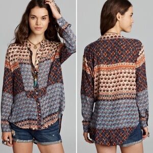 Free People Women’s Boho Patterned Shirt Button Down Crinkle Blouse sz S